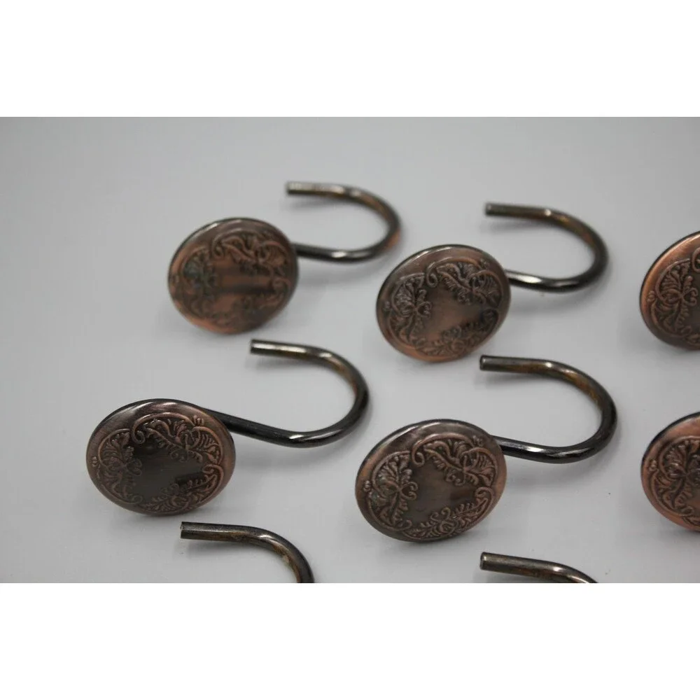 QTY: 12 Metal Shower Curtain Hooks Round Button Dark Copper Embellished Set NICE